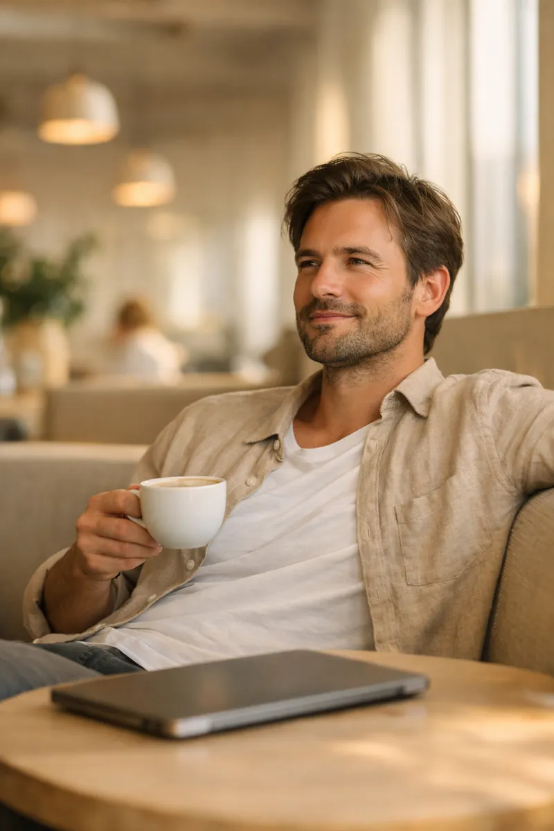 Mann genießt Freiheit – arbeitet wann und wo er will